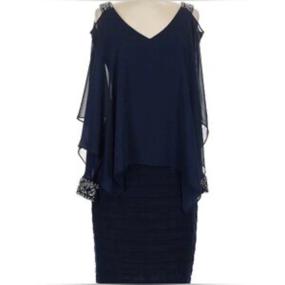 Betsy & Adams Elegant Navy Silver Cold Shoulder Drop Waist Dress Plus Sizes, NEW - Picture 3 of 14